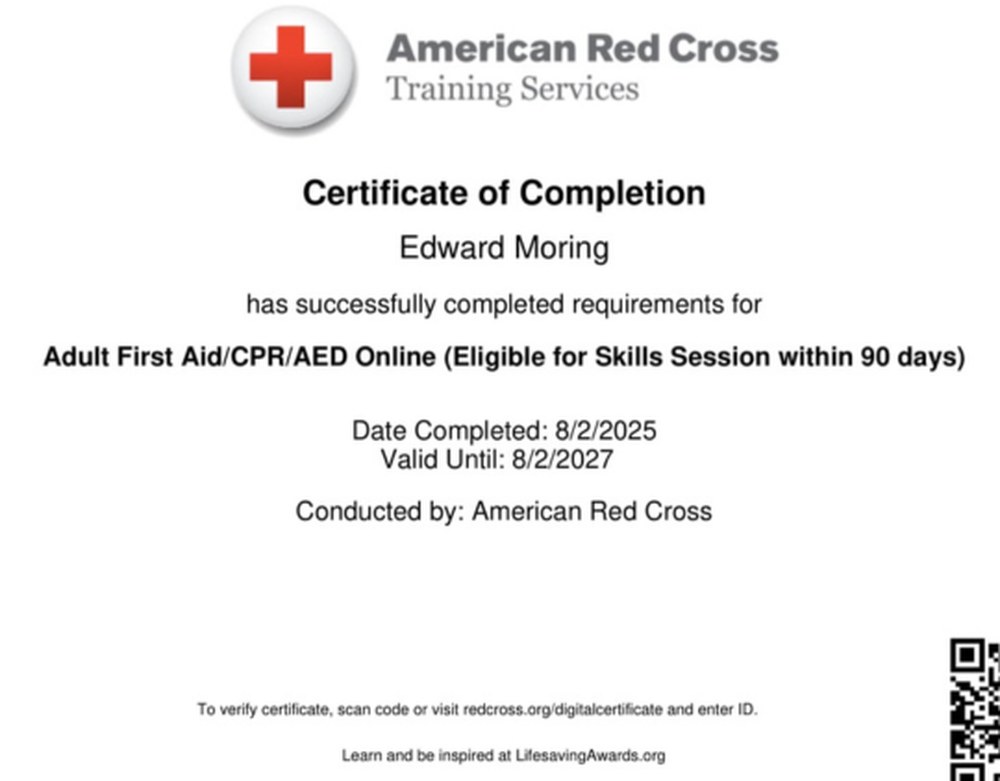 American Red Cross Adult First Aid, CPR and AED certificate for Edward Moring, valid through August 2027