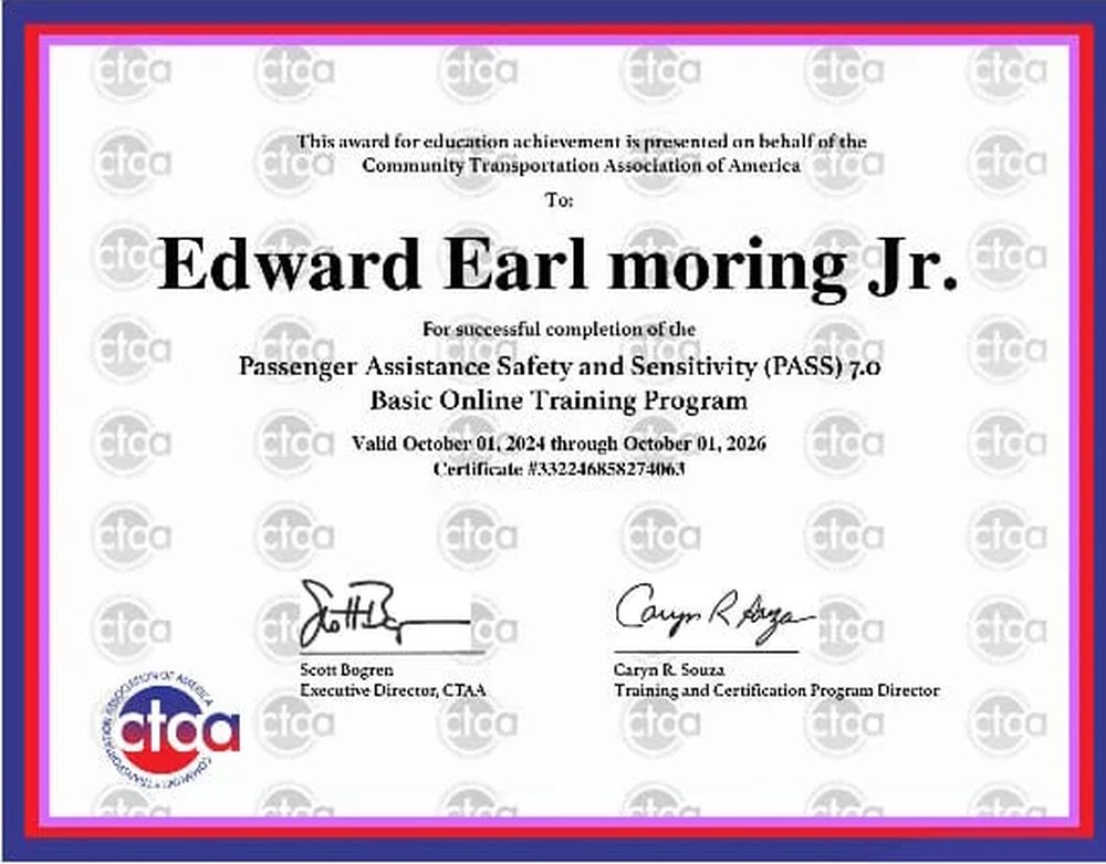 CTAA Passenger Assistance Safety and Sensitivity (PASS) 7.0 certificate for Edward Earl Moring Jr., valid through October 2026